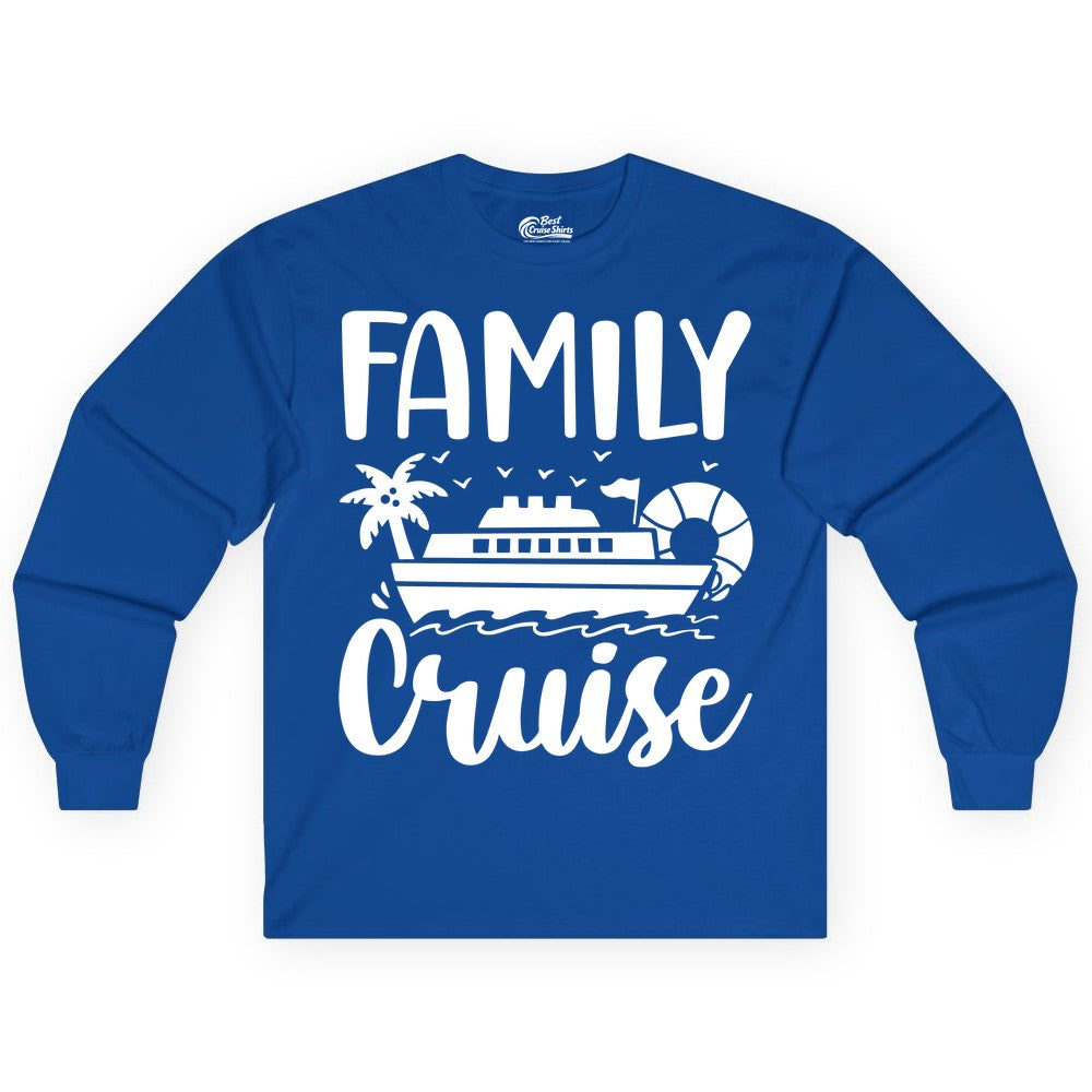 Family Cruise Shirt - Matching Cruise Vacation Tee for Families (Long Sleeve) in Royal - Family Cruise Shirt - Tropical Palm and Cruise Ship Vacation Design