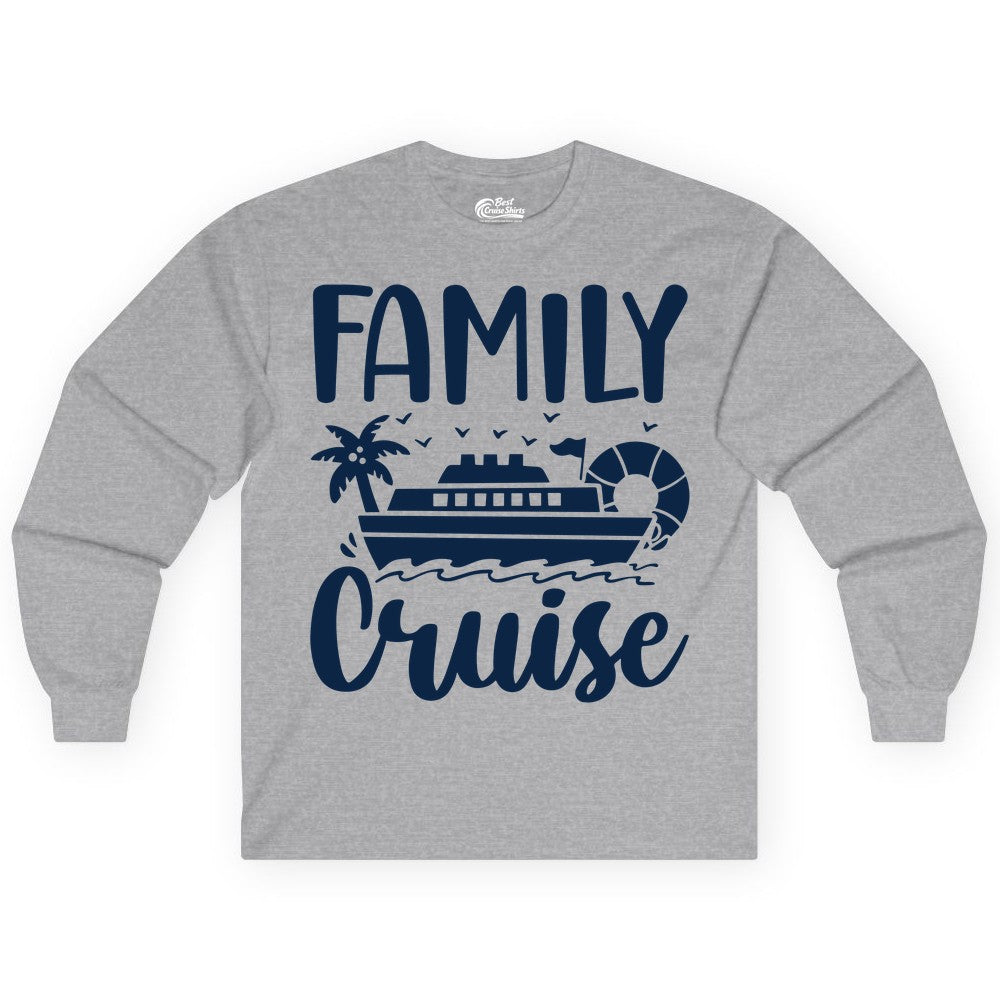 Family Cruise Shirt - Matching Cruise Vacation Tee for Families (Long Sleeve) in Sport Grey - Family Cruise Shirt - Tropical Palm and Cruise Ship Vacation Design