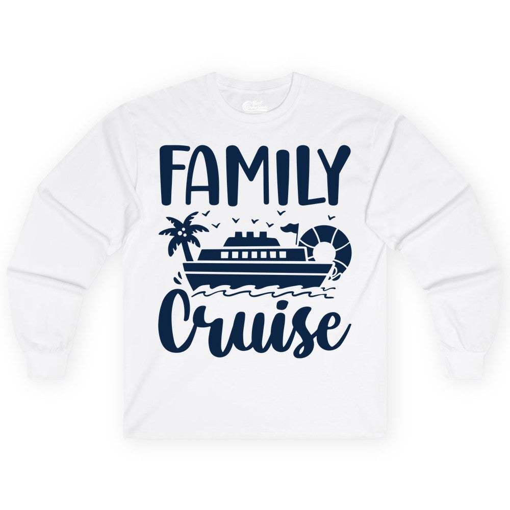 Family Cruise Shirt - Matching Cruise Vacation Tee for Families (Long Sleeve) in White - Family Cruise Shirt - Tropical Palm and Cruise Ship Vacation Design