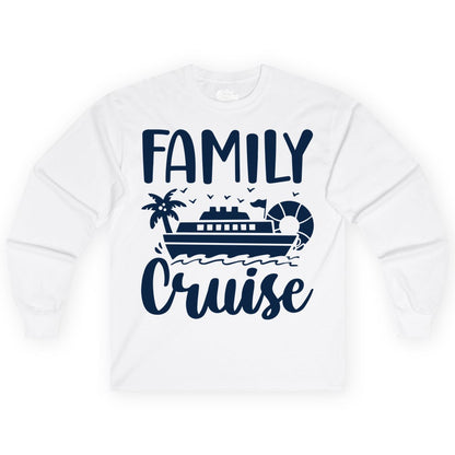 Family Cruise Shirt - Matching Cruise Vacation Tee for Families (Long Sleeve) in White - Family Cruise Shirt - Tropical Palm and Cruise Ship Vacation Design