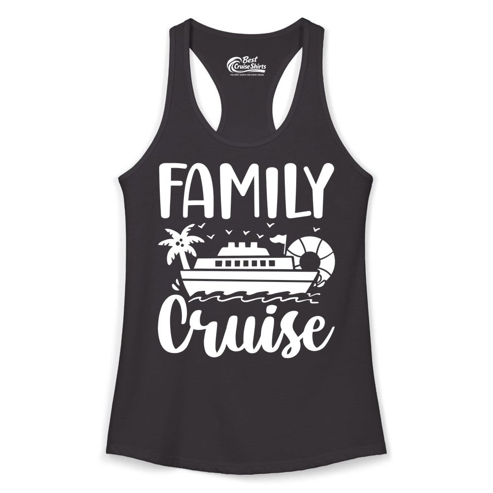 Family Cruise Shirt - Matching Cruise Vacation Tee for Families (Ladies Tank) in Black - Family Cruise Shirt - Tropical Palm and Cruise Ship Vacation Design