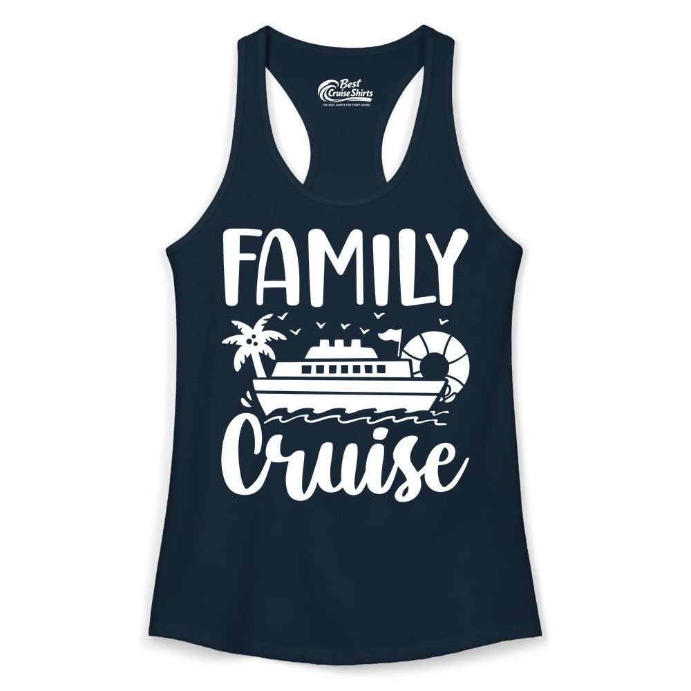 Family Cruise Shirt - Matching Cruise Vacation Tee for Families (Ladies Tank) in Solid Midnight Navy - Family Cruise Shirt - Tropical Palm and Cruise Ship Vacation Design