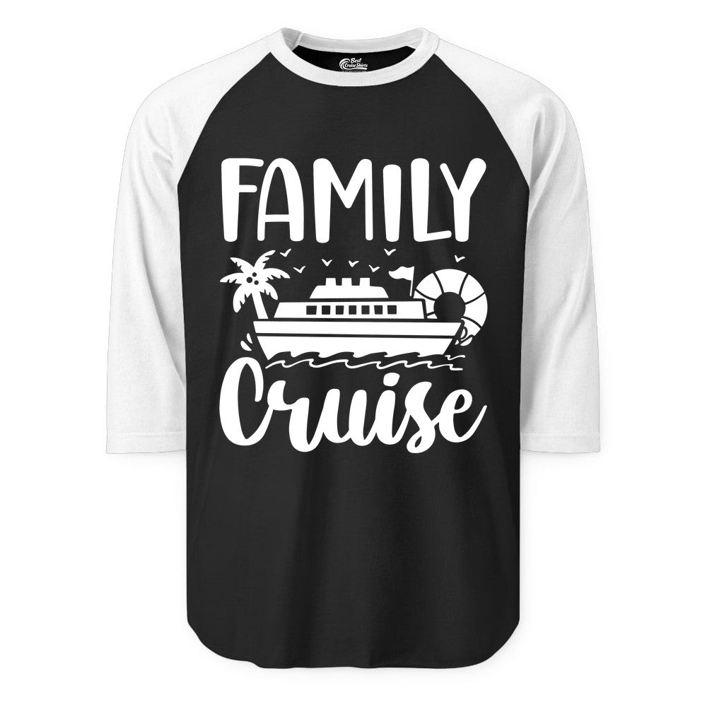 Family Cruise Shirt - Matching Cruise Vacation Tee for Families (Raglan) in BlackWhite - Family Cruise Shirt - Tropical Palm and Cruise Ship Vacation Design