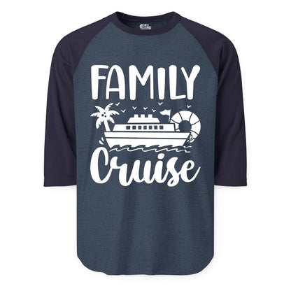 Family Cruise Shirt - Matching Cruise Vacation Tee for Families (Raglan) in Heather DenimNavy - Family Cruise Shirt - Tropical Palm and Cruise Ship Vacation Design