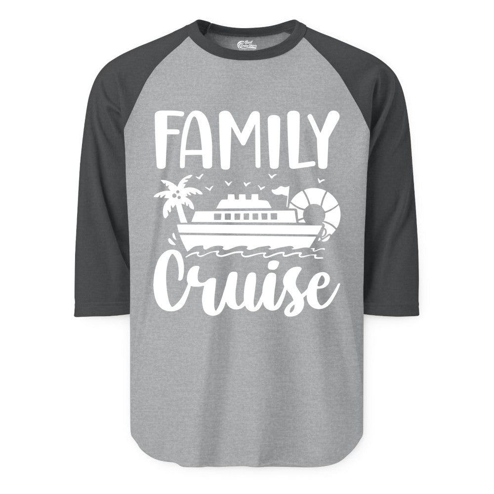 Family Cruise Shirt - Matching Cruise Vacation Tee for Families (Raglan) in Heather GreyHeather Charcoal - Family Cruise Shirt - Tropical Palm and Cruise Ship Vacation Design