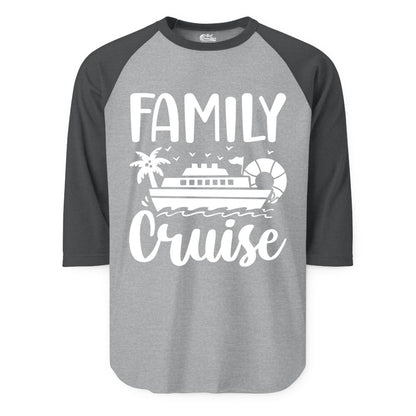 Family Cruise Shirt - Matching Cruise Vacation Tee for Families (Raglan) in Heather GreyHeather Charcoal - Family Cruise Shirt - Tropical Palm and Cruise Ship Vacation Design