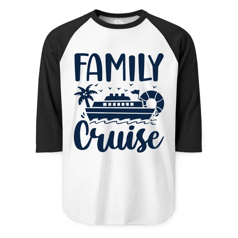 Family Cruise Shirt - Matching Cruise Vacation Tee for Families (Raglan) in WhiteBlack - Family Cruise Shirt - Tropical Palm and Cruise Ship Vacation Design