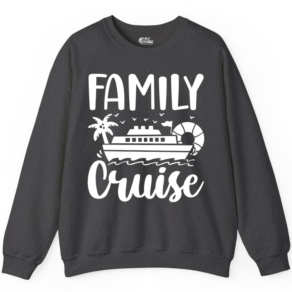 Family Cruise Shirt - Matching Cruise Vacation Tee for Families (Sweatshirt) in Dark Heather - Family Cruise Shirt - Tropical Palm and Cruise Ship Vacation Design