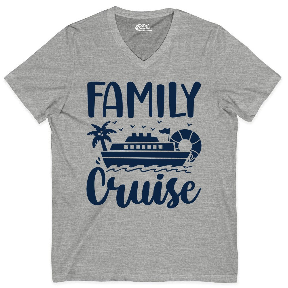Family Cruise Shirt - Matching Cruise Vacation Tee for Families (V-Neck) in Athletic Heather - Family Cruise Shirt - Tropical Palm and Cruise Ship Vacation Design