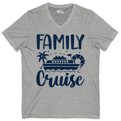 Family Cruise Shirt - Matching Cruise Vacation Tee for Families (V-Neck) in Athletic Heather - Family Cruise Shirt - Tropical Palm and Cruise Ship Vacation Design