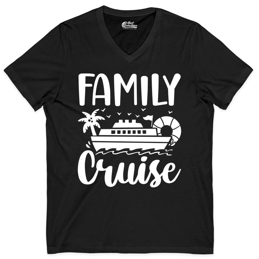 Family Cruise Shirt - Matching Cruise Vacation Tee for Families (V-Neck) in Black - Family Cruise Shirt - Tropical Palm and Cruise Ship Vacation Design