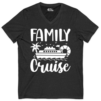 Family Cruise Shirt - Matching Cruise Vacation Tee for Families (V-Neck) in Dark Grey Heather - Family Cruise Shirt - Tropical Palm and Cruise Ship Vacation Design