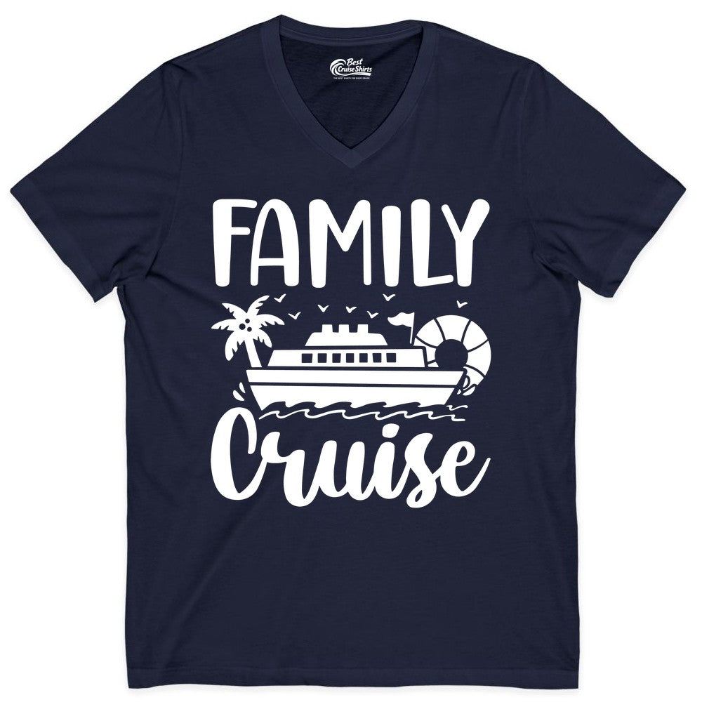 Family Cruise Shirt - Matching Cruise Vacation Tee for Families (V-Neck) in Navy - Family Cruise Shirt - Tropical Palm and Cruise Ship Vacation Design