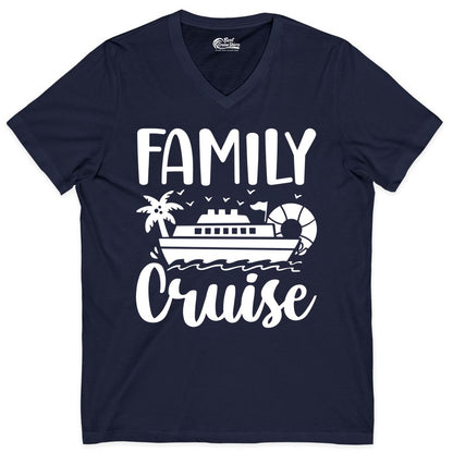 Family Cruise Shirt - Matching Cruise Vacation Tee for Families (V-Neck) in Navy - Family Cruise Shirt - Tropical Palm and Cruise Ship Vacation Design