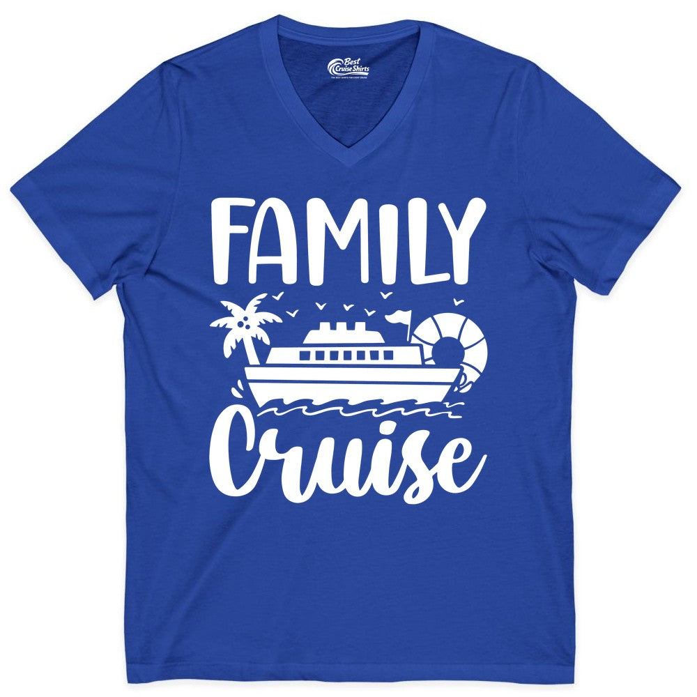 Family Cruise Shirt - Matching Cruise Vacation Tee for Families (V-Neck) in True Royal - Family Cruise Shirt - Tropical Palm and Cruise Ship Vacation Design
