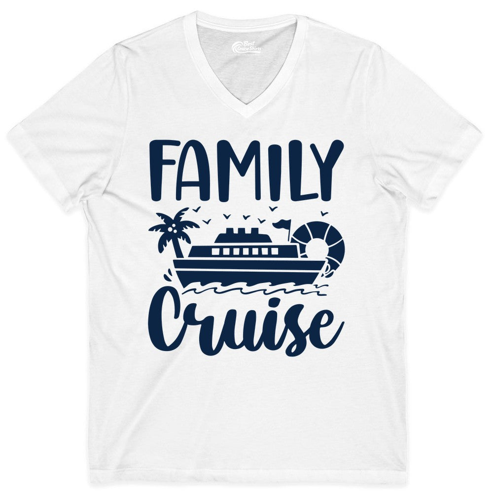 Family Cruise Shirt - Matching Cruise Vacation Tee for Families (V-Neck) in White - Family Cruise Shirt - Tropical Palm and Cruise Ship Vacation Design