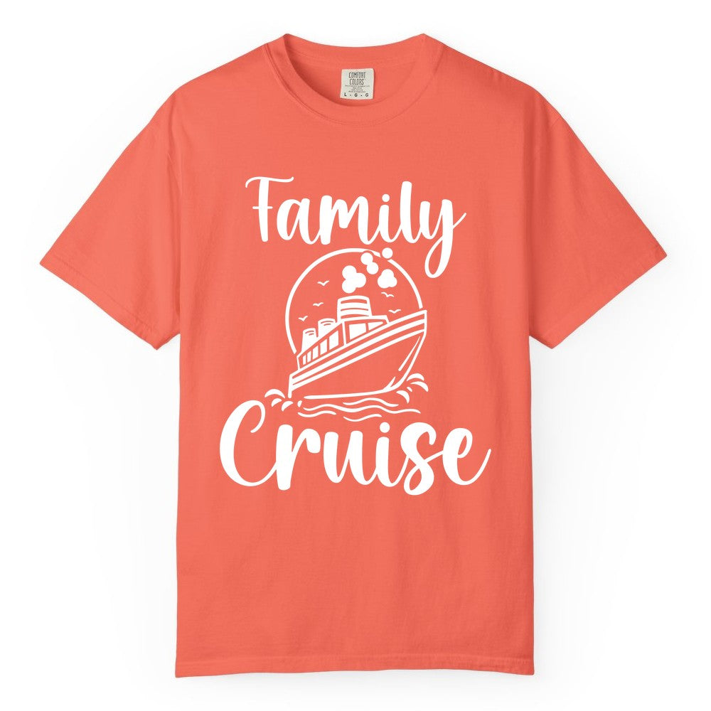 Family Cruise Shirt - Fun Group Cruise Shirt for Vacation Trips (Comfort Color) in Bright Salmon - Family Cruise Shirt - Playful Nautical Ship Graphic Group Cruise Tee