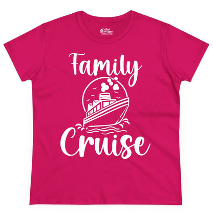 Family Cruise Shirt - Fun Group Cruise Shirt for Vacation Trips (Ladies Tee) in Heliconia - Family Cruise Shirt - Playful Nautical Ship Graphic Group Cruise Tee