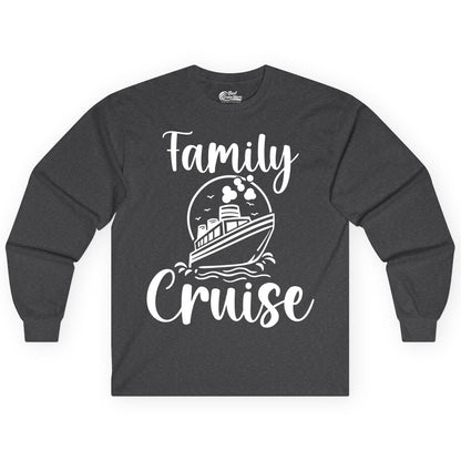 Family Cruise Shirt - Fun Group Cruise Shirt for Vacation Trips (Long Sleeve) in Dark Heather - Family Cruise Shirt - Playful Nautical Ship Graphic Group Cruise Tee