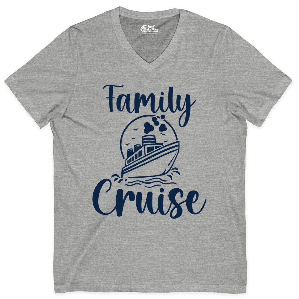 Family Cruise Shirt - Fun Group Cruise Shirt for Vacation Trips (V-Neck) in Athletic Heather - Family Cruise Shirt - Playful Nautical Ship Graphic Group Cruise Tee