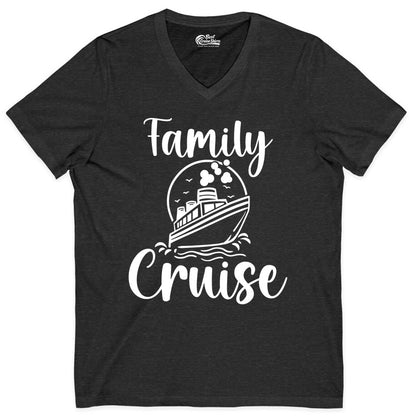 Family Cruise Shirt - Fun Group Cruise Shirt for Vacation Trips (V-Neck) in Dark Grey Heather - Family Cruise Shirt - Playful Nautical Ship Graphic Group Cruise Tee