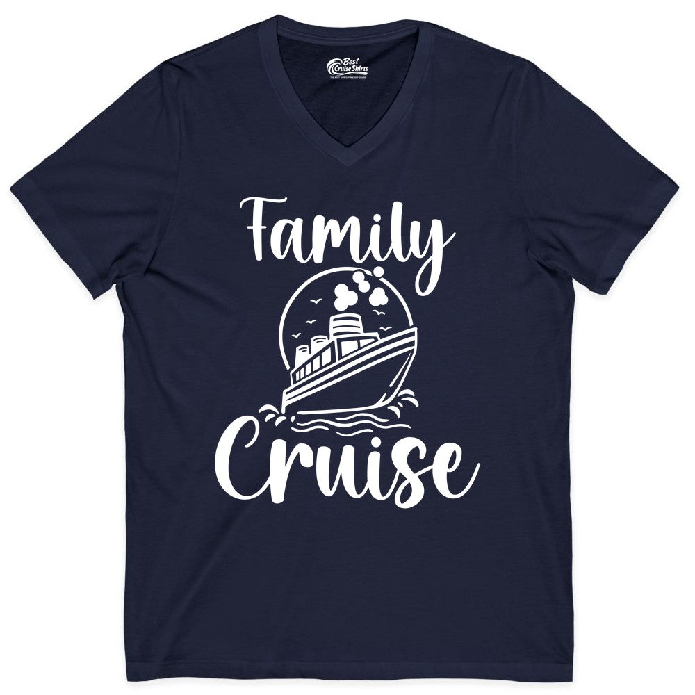 Family Cruise Shirt - Fun Group Cruise Shirt for Vacation Trips (V-Neck) in Navy - Family Cruise Shirt - Playful Nautical Ship Graphic Group Cruise Tee