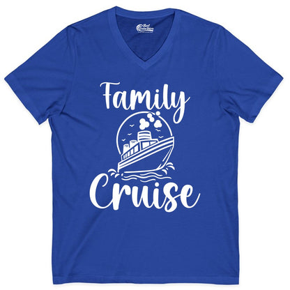 Family Cruise Shirt - Fun Group Cruise Shirt for Vacation Trips (V-Neck) in True Royal - Family Cruise Shirt - Playful Nautical Ship Graphic Group Cruise Tee