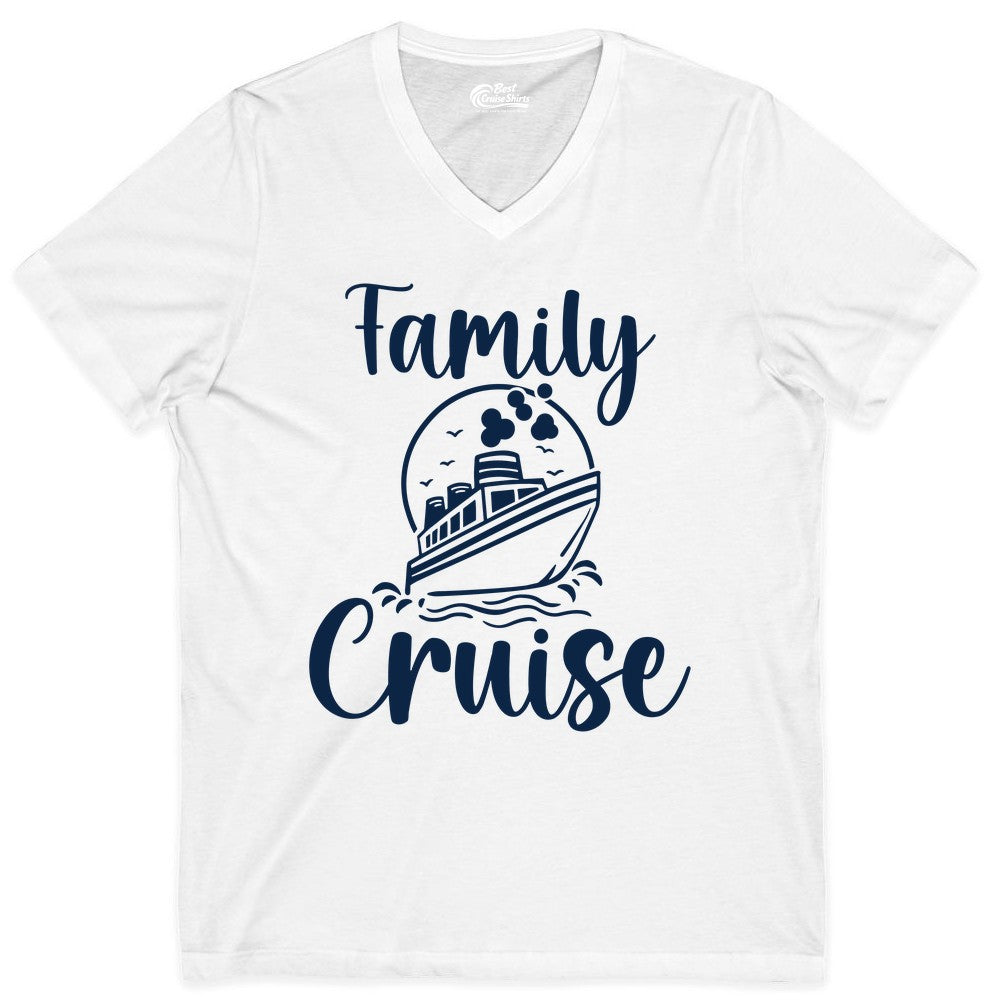 Family Cruise Shirt - Fun Group Cruise Shirt for Vacation Trips (V-Neck) in White - Family Cruise Shirt - Playful Nautical Ship Graphic Group Cruise Tee