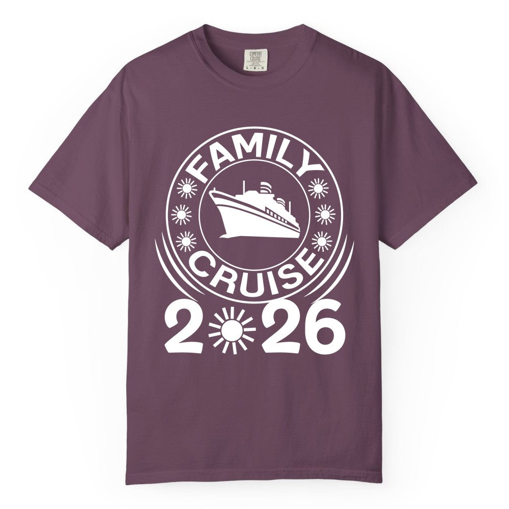 Family Cruise 2026 Shirt - Matching Family Cruise Trip Vacation Tees (Comfort Color) in Berry - Family Cruise 2026 Shirt - Bold Ship and Playful Sun Vacation Design