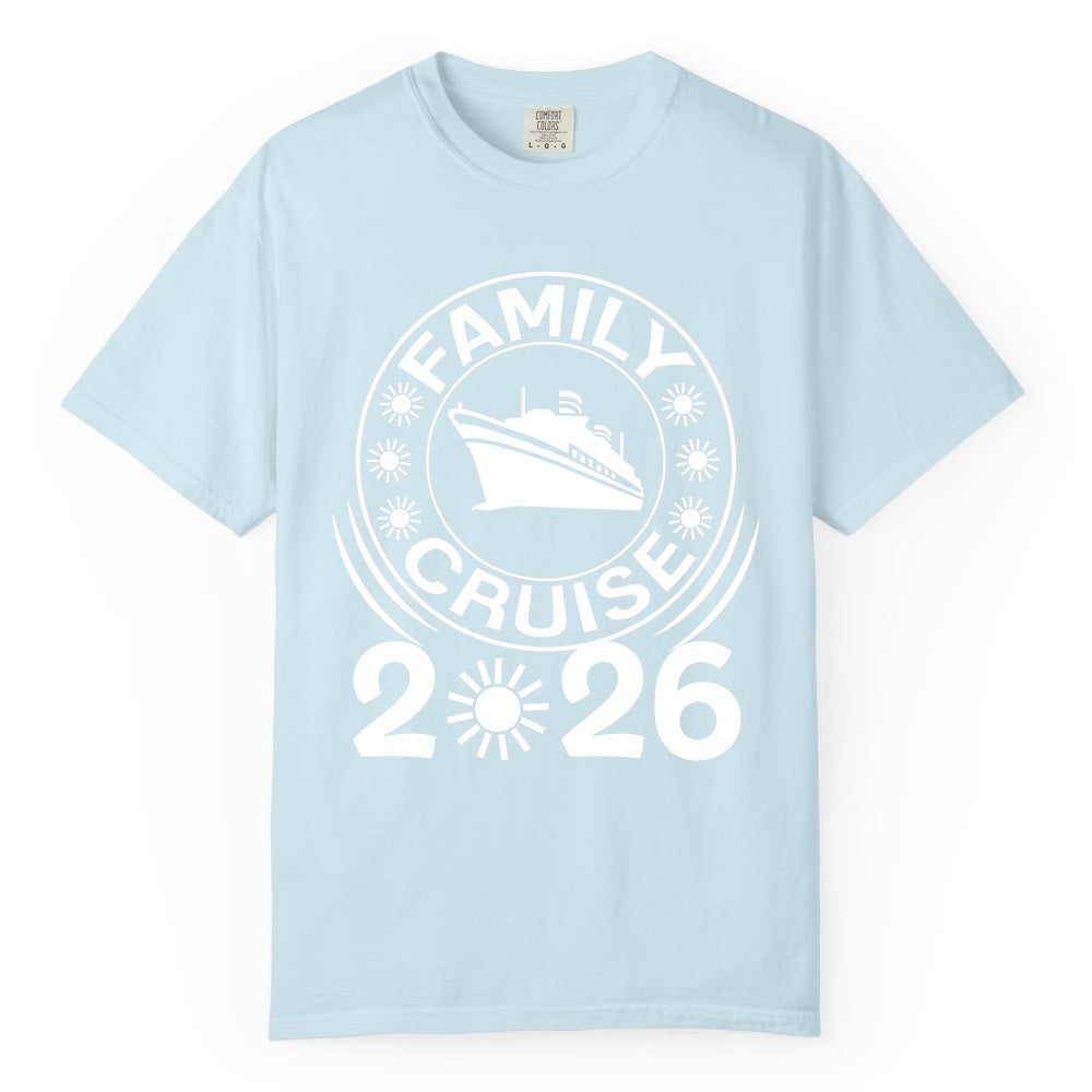 Family Cruise 2026 Shirt - Matching Family Cruise Trip Vacation Tees (Comfort Color) in Chambray - Family Cruise 2026 Shirt - Bold Ship and Playful Sun Vacation Design