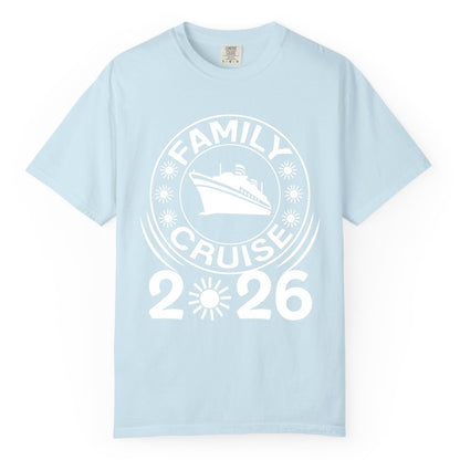 Family Cruise 2026 Shirt - Matching Family Cruise Trip Vacation Tees (Comfort Color) in Chambray - Family Cruise 2026 Shirt - Bold Ship and Playful Sun Vacation Design