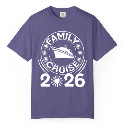 Family Cruise 2026 Shirt - Matching Family Cruise Trip Vacation Tees (Comfort Color) in Grape - Family Cruise 2026 Shirt - Bold Ship and Playful Sun Vacation Design