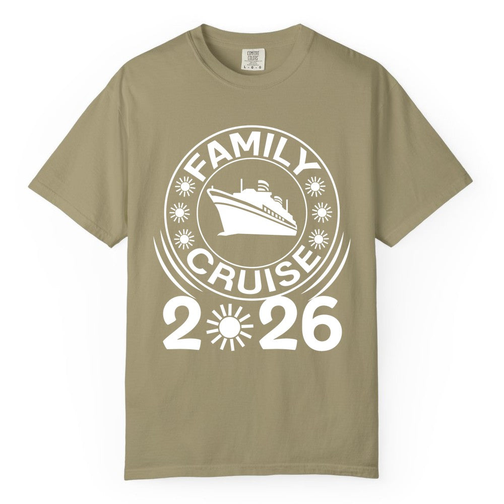 Family Cruise 2026 Shirt - Matching Family Cruise Trip Vacation Tees (Comfort Color) in Khaki - Family Cruise 2026 Shirt - Bold Ship and Playful Sun Vacation Design
