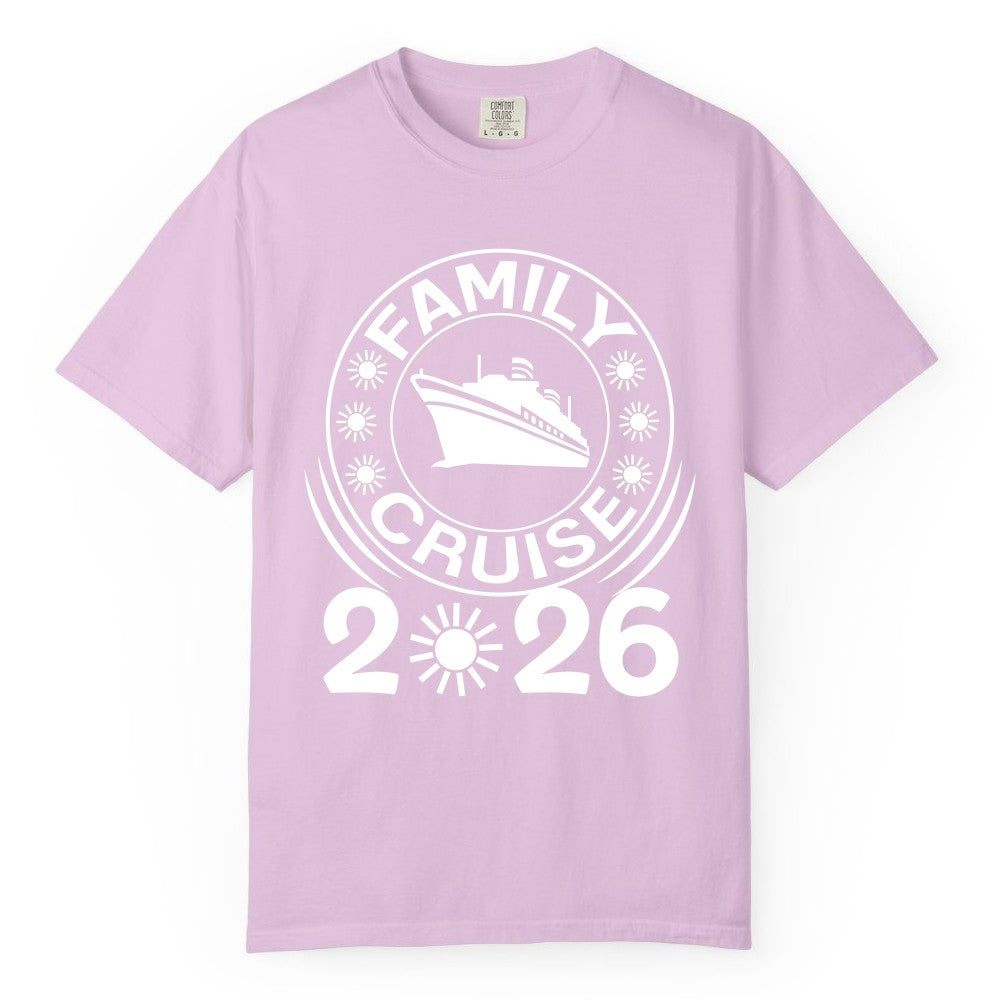 Family Cruise 2026 Shirt - Matching Family Cruise Trip Vacation Tees (Comfort Color) in Orchid - Family Cruise 2026 Shirt - Bold Ship and Playful Sun Vacation Design