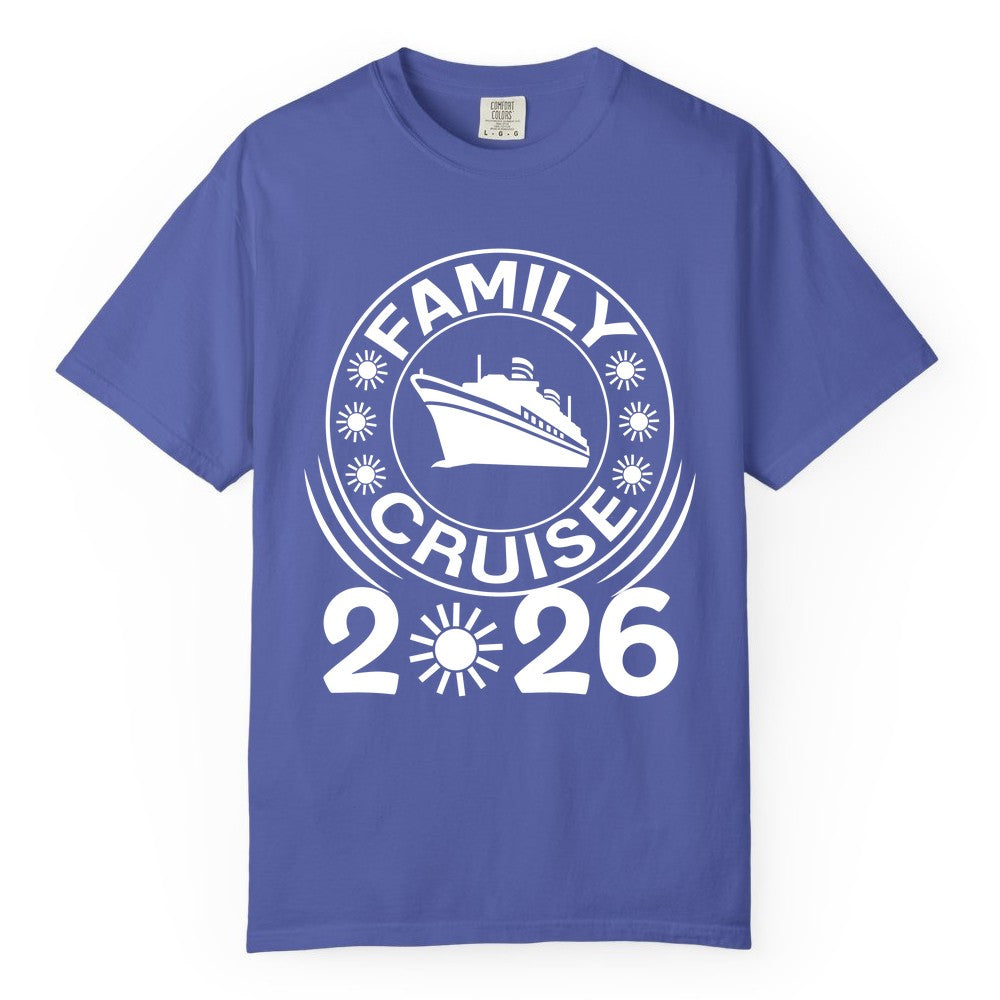 Family Cruise 2026 Shirt - Matching Family Cruise Trip Vacation Tees (Comfort Color) in Periwinkle - Family Cruise 2026 Shirt - Bold Ship and Playful Sun Vacation Design