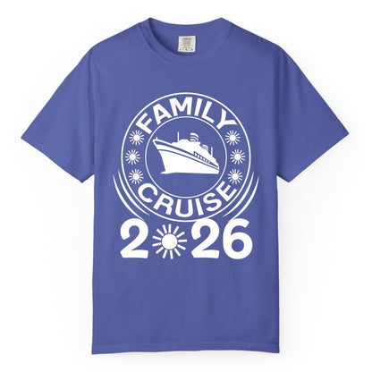 Family Cruise 2026 Shirt - Matching Family Cruise Trip Vacation Tees (Comfort Color) in Periwinkle - Family Cruise 2026 Shirt - Bold Ship and Playful Sun Vacation Design