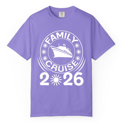 Family Cruise 2026 Shirt - Matching Family Cruise Trip Vacation Tees (Comfort Color) in Violet - Family Cruise 2026 Shirt - Bold Ship and Playful Sun Vacation Design