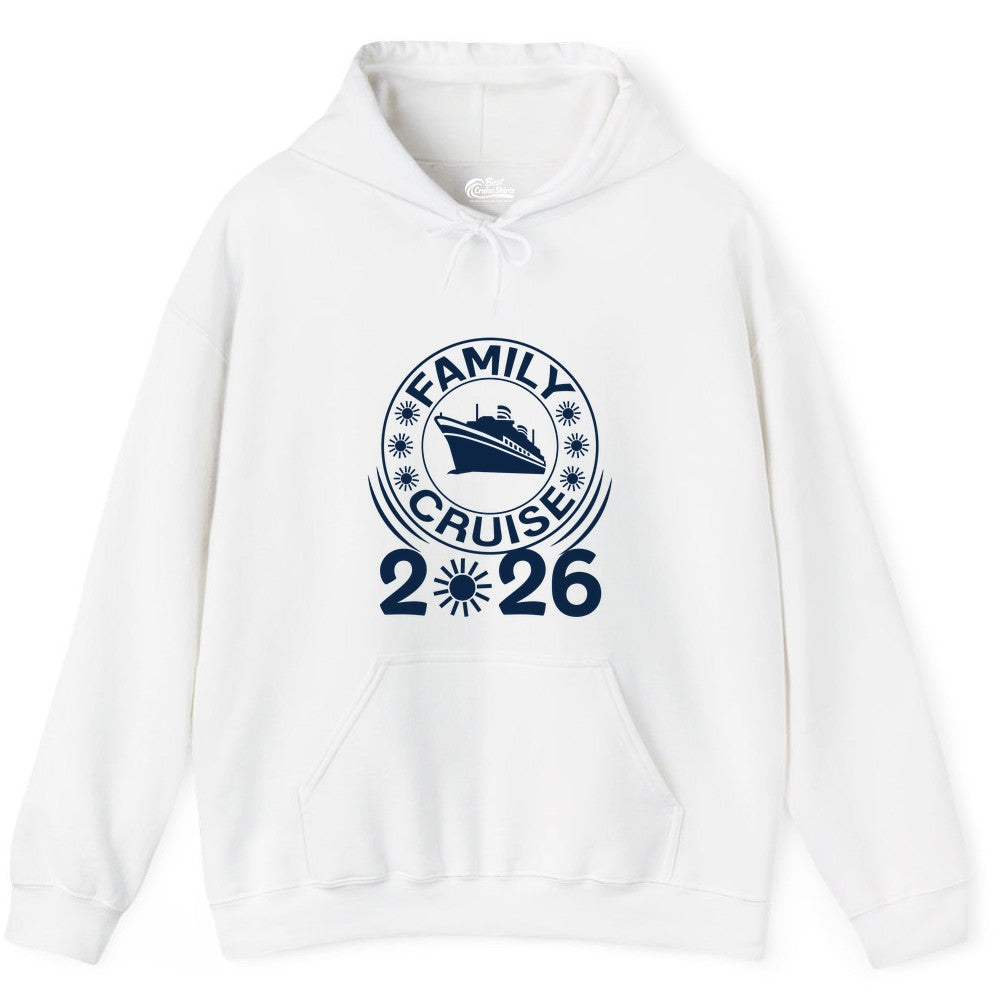 Family Cruise 2026 Shirt - Matching Family Cruise Trip Vacation Tees (Hoodie) in White - Family Cruise 2026 Shirt - Bold Ship and Playful Sun Vacation Design