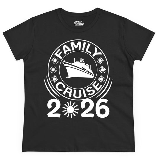 Family Cruise 2026 Shirt - Matching Family Cruise Trip Vacation Tees (Ladies Tee) in Black - Family Cruise 2026 Shirt - Bold Ship and Playful Sun Vacation Design