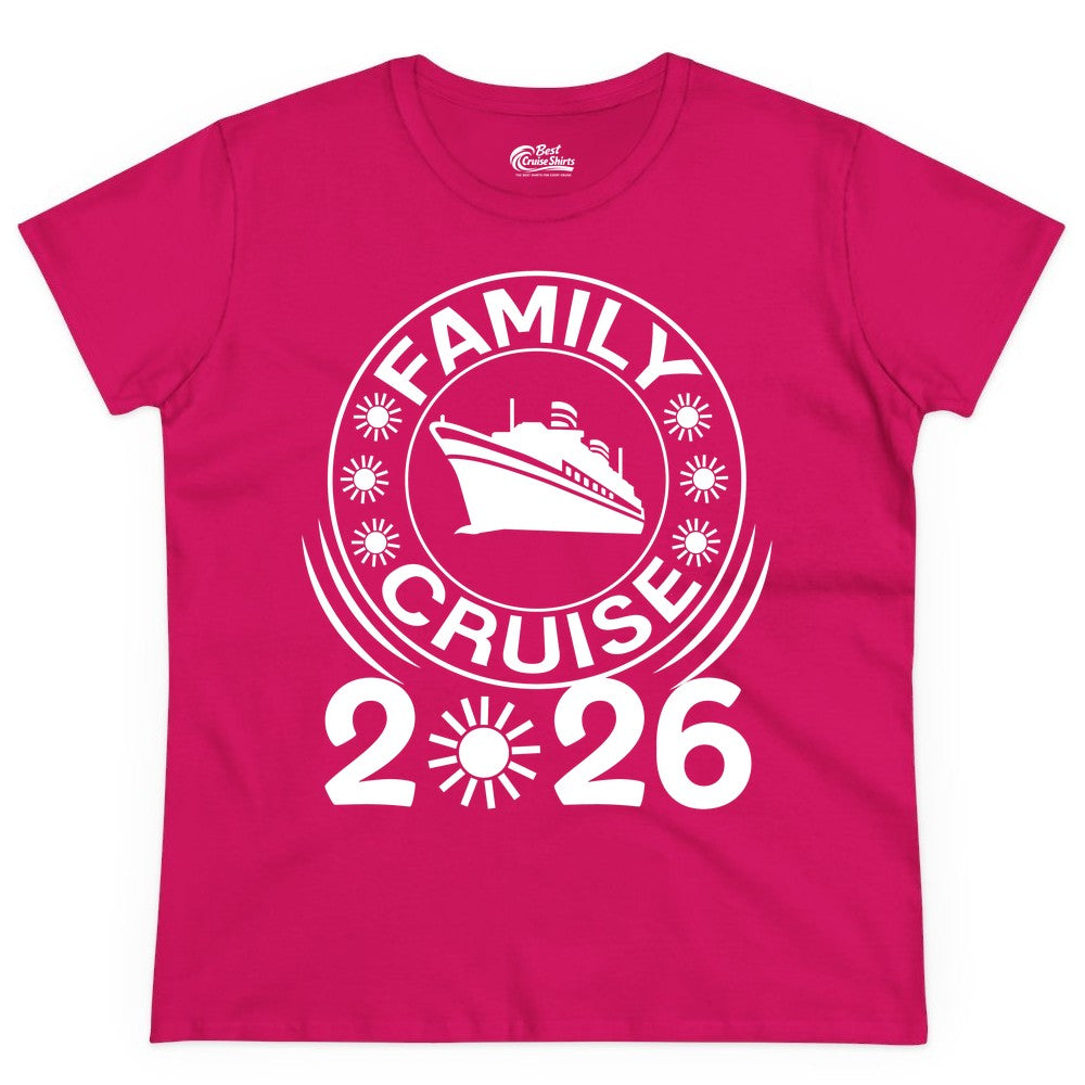 Family Cruise 2026 Shirt - Matching Family Cruise Trip Vacation Tees (Ladies Tee) in Heliconia - Family Cruise 2026 Shirt - Bold Ship and Playful Sun Vacation Design