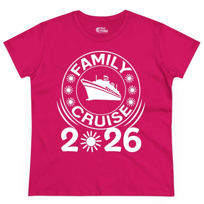 Family Cruise 2026 Shirt - Matching Family Cruise Trip Vacation Tees (Ladies Tee) in Heliconia - Family Cruise 2026 Shirt - Bold Ship and Playful Sun Vacation Design