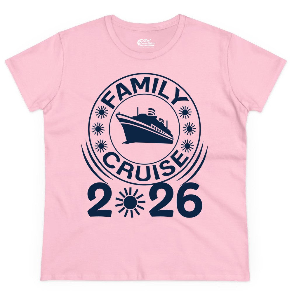 Family Cruise 2026 Shirt - Matching Family Cruise Trip Vacation Tees (Ladies Tee) in Light Pink - Family Cruise 2026 Shirt - Bold Ship and Playful Sun Vacation Design