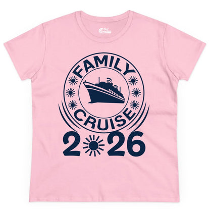 Family Cruise 2026 Shirt - Matching Family Cruise Trip Vacation Tees (Ladies Tee) in Light Pink - Family Cruise 2026 Shirt - Bold Ship and Playful Sun Vacation Design