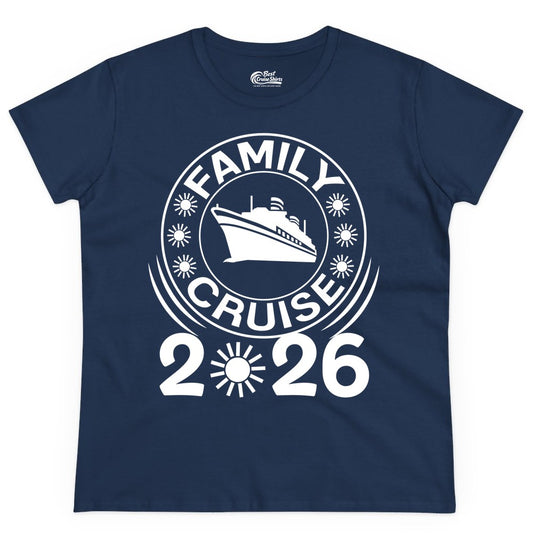 Family Cruise 2026 Shirt - Matching Family Cruise Trip Vacation Tees (Ladies Tee) in Navy - Family Cruise 2026 Shirt - Bold Ship and Playful Sun Vacation Design