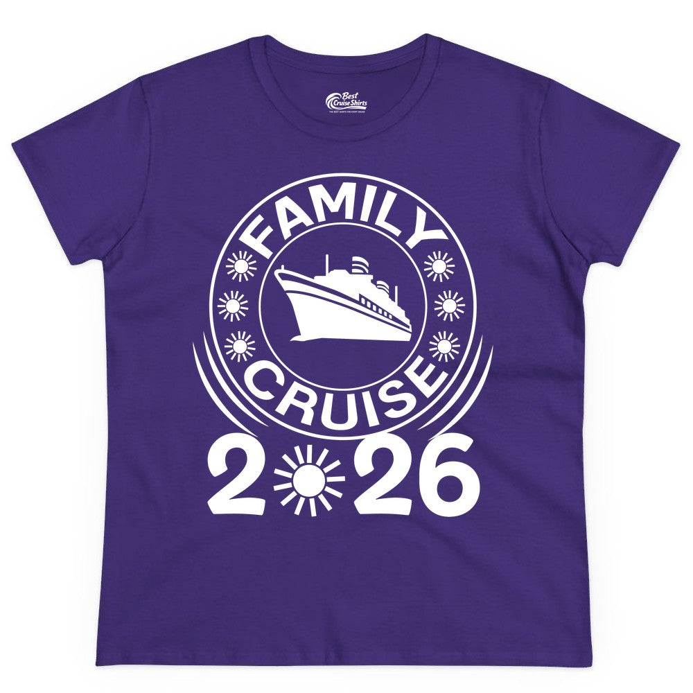 Family Cruise 2026 Shirt - Matching Family Cruise Trip Vacation Tees (Ladies Tee) in Purple - Family Cruise 2026 Shirt - Bold Ship and Playful Sun Vacation Design