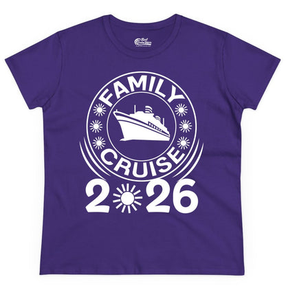 Family Cruise 2026 Shirt - Matching Family Cruise Trip Vacation Tees (Ladies Tee) in Purple - Family Cruise 2026 Shirt - Bold Ship and Playful Sun Vacation Design