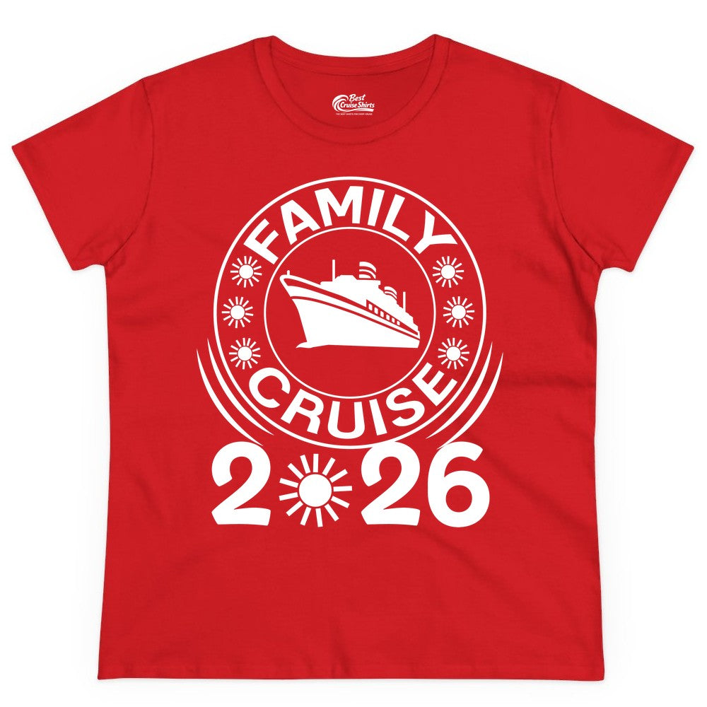 Family Cruise 2026 Shirt - Matching Family Cruise Trip Vacation Tees (Ladies Tee) in Red - Family Cruise 2026 Shirt - Bold Ship and Playful Sun Vacation Design