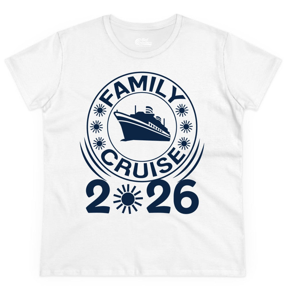Family Cruise 2026 Shirt - Matching Family Cruise Trip Vacation Tees (Ladies Tee) in White - Family Cruise 2026 Shirt - Bold Ship and Playful Sun Vacation Design
