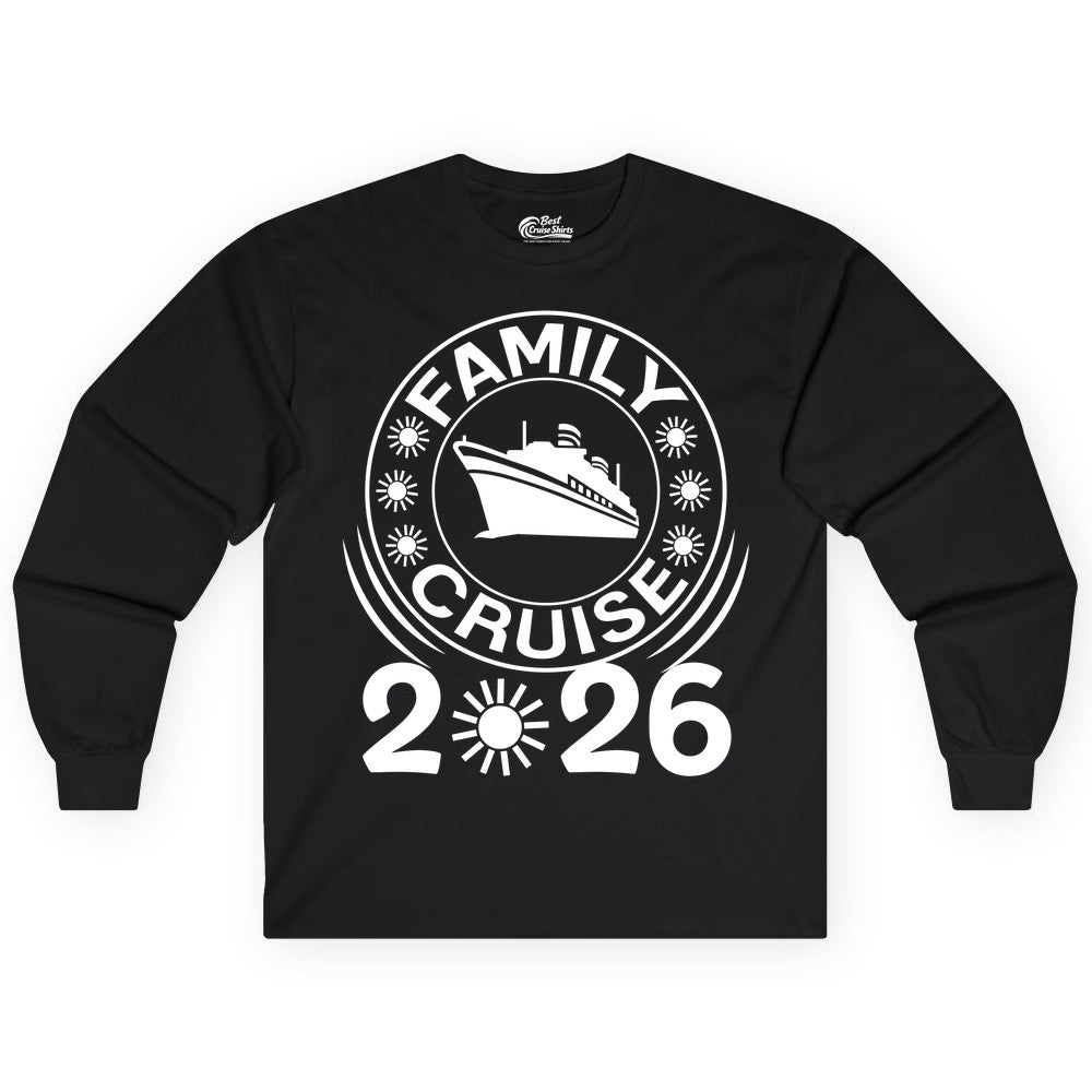 Family Cruise 2026 Shirt - Matching Family Cruise Trip Vacation Tees (Long Sleeve) in Black - Family Cruise 2026 Shirt - Bold Ship and Playful Sun Vacation Design