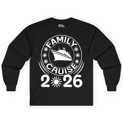 Family Cruise 2026 Shirt - Matching Family Cruise Trip Vacation Tees (Long Sleeve) in Black - Family Cruise 2026 Shirt - Bold Ship and Playful Sun Vacation Design